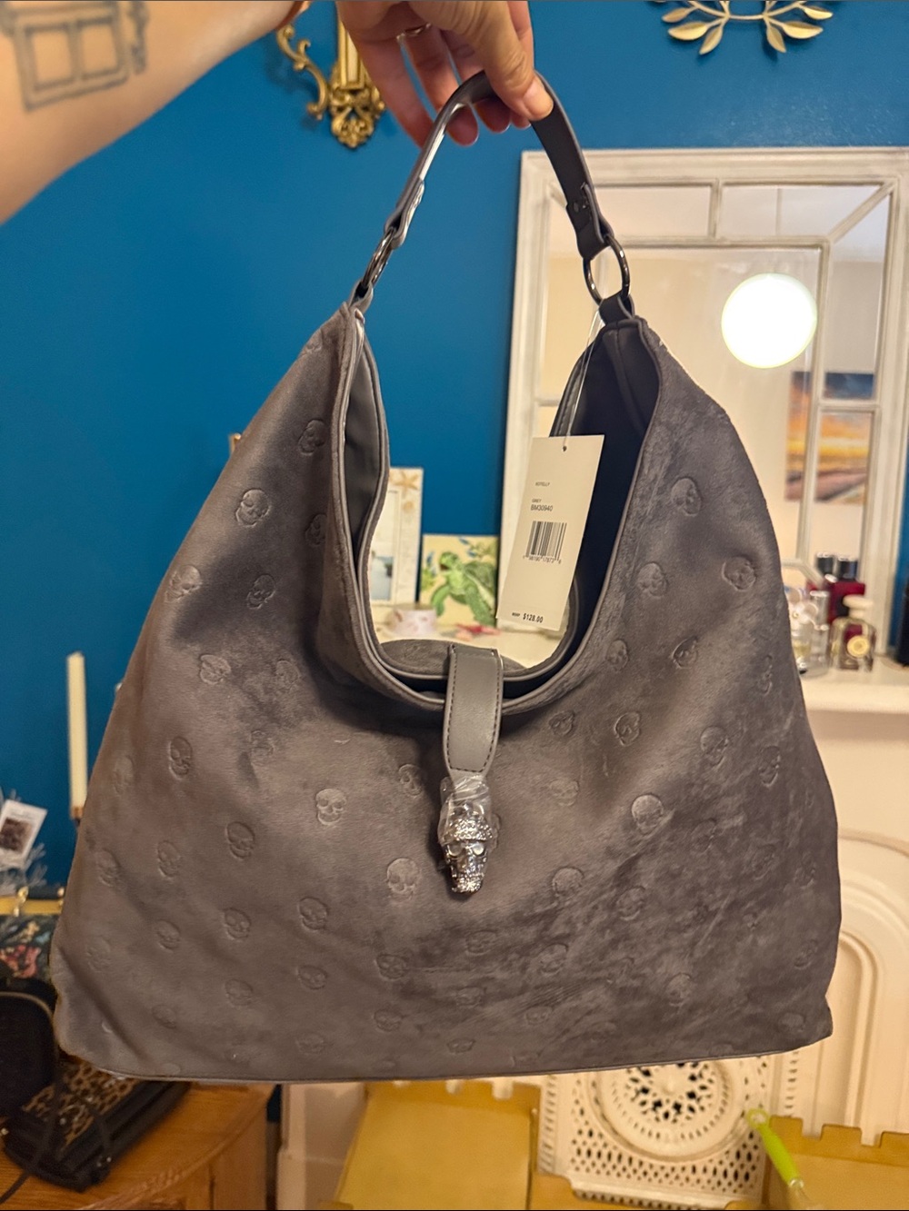 Betsey Johnson Gray Skull-Embossed Hobo Bag with Silver Skull Accent